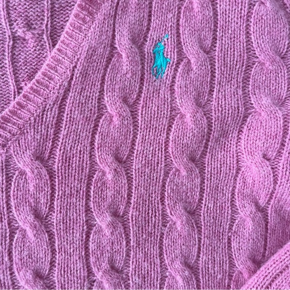 Polo Ralph Lauren Pink Cable Knit Wool Cashmere V-Neck Sweater Size M - Picture 5 of 8
